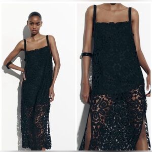 Zara Black Guipure Lace Crochet Midi Dress - Size L - NWT (No Tag)